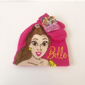 Disney Princess Belle Girls One Size Hat & Mittens Pink Beauty Beast NWT’s
